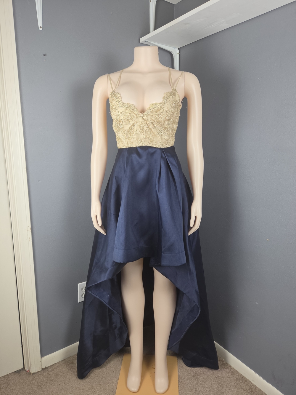 Gold Lace Bodice with Navy Satin High-Low Dress